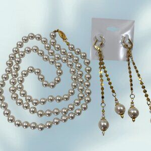 35" Long White Glass 8mm Pearl Necklace & Large 12mm Shoulder Length Earrings